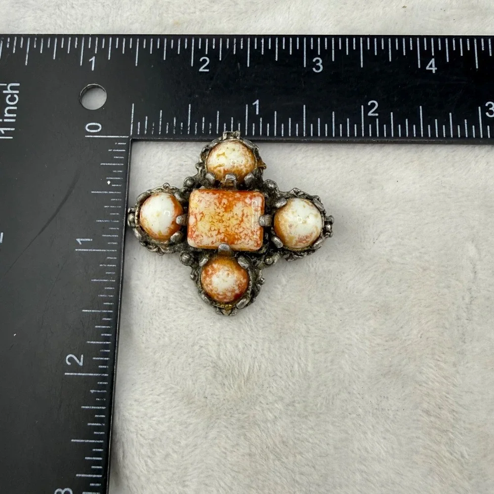 Vintage Polished Stone Celtic Brooch Silver Tone Western